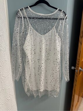 White Sequin Sheer Overlay Tank Dress